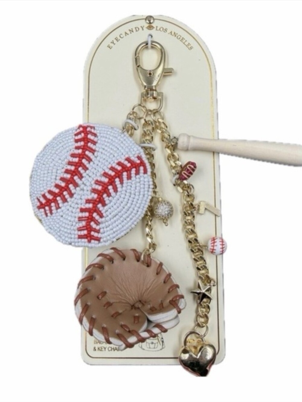⚾️▪️Eye Candy ▪️beaded Baseball Glove Charm Keychain with Gold Tone Key Chain